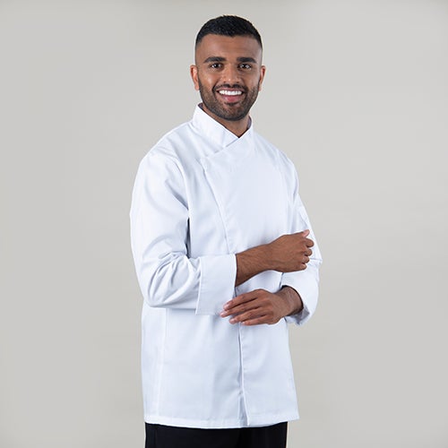 Model Wearing a Chefs Jacket